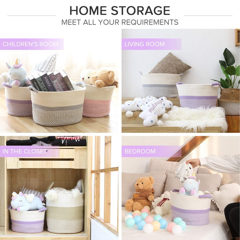 Hinwo Oval Cotton Rope Storage Basket Collapsible Nursery Storage Box Container Organizer with Handles, 13 x 10 inches, Off White and Lavander - Image 3
